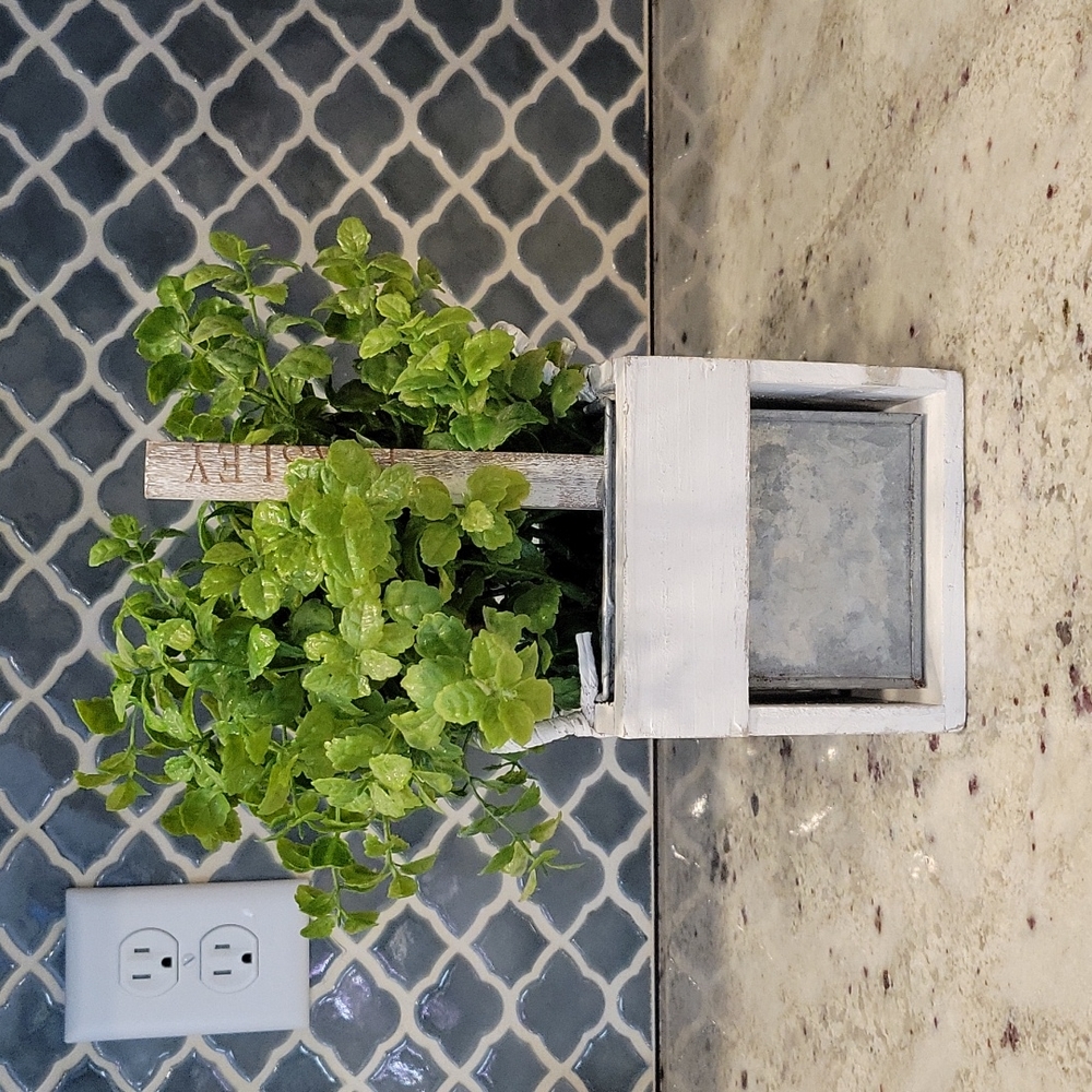 Parsley Faux Greens in White Wood Trim Box with Metal Container